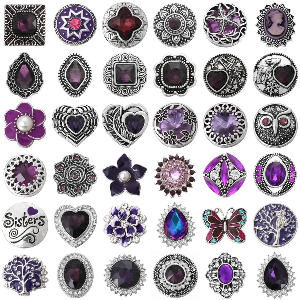 6 pz/lotto Commercio All'ingrosso Snap Misto Dei Monili Viola di Cristallo Del Rhinestone Del Fiore 18 millimetri Con Bottone A Pressione A Scatto Del Braccialetto Del Braccialetto