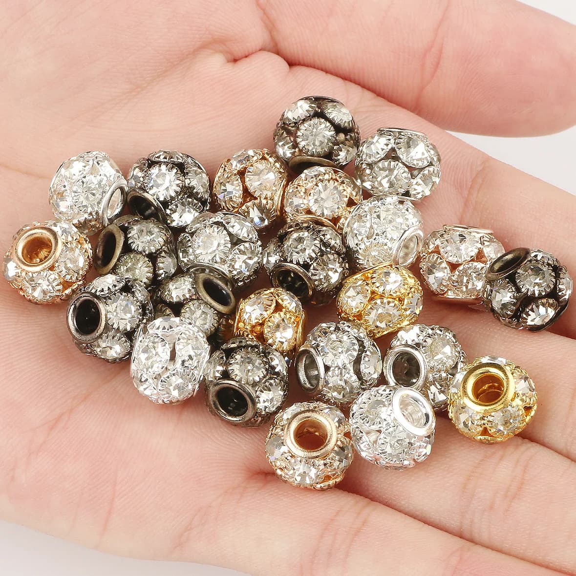 Perline di Cristallo con Strass da 8, 10, 12mm, Perle Disco Rotonde in Rame con Foro Grande per Creazione di Gioielli, Accessori per Braccialetti Fai-da-Te