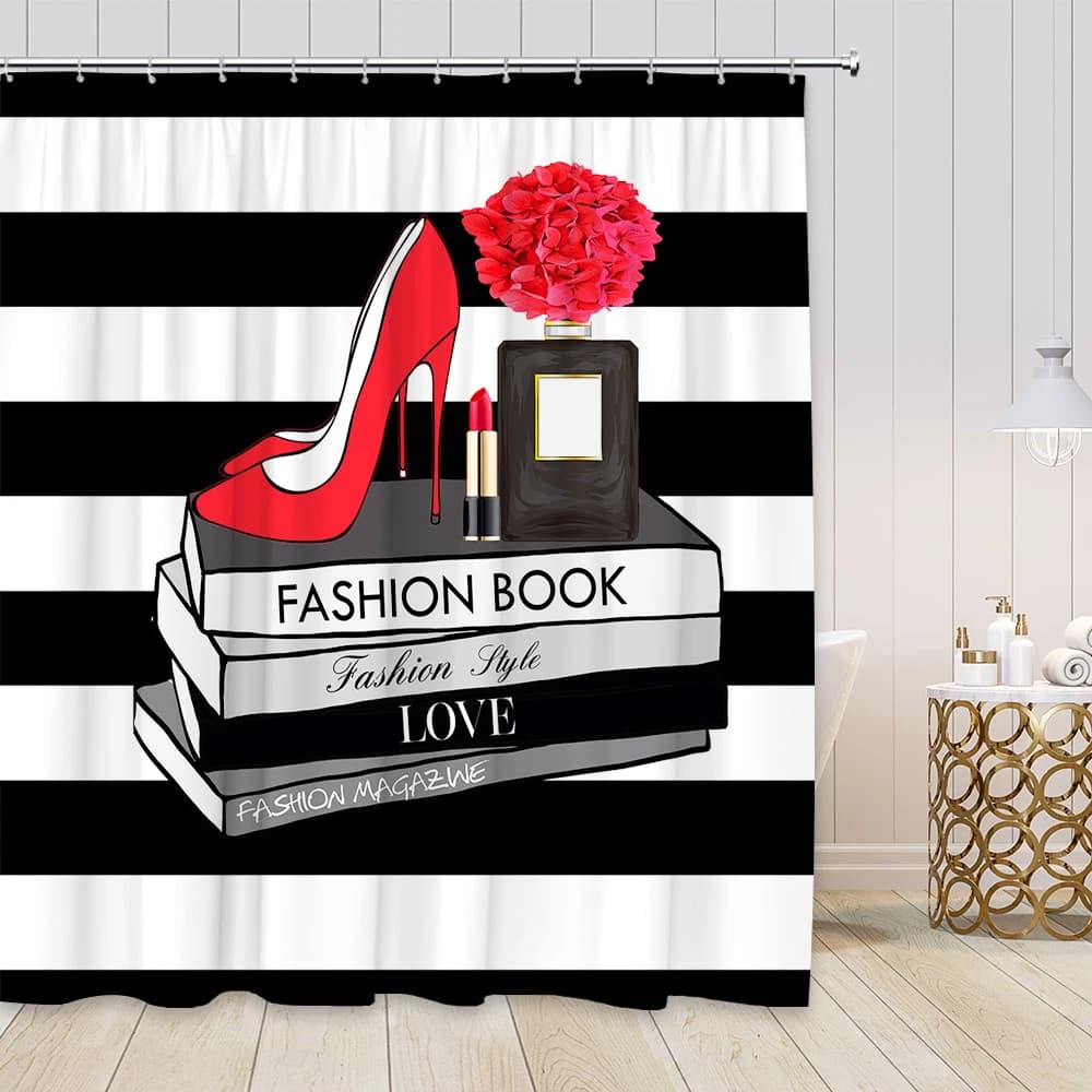 Tenda da doccia con bottiglia di profumo 3D Ciao splendido trucco Striscia bianca e nera Moda Tacchi alti rossi Tessuto per tende da bagno artistiche
