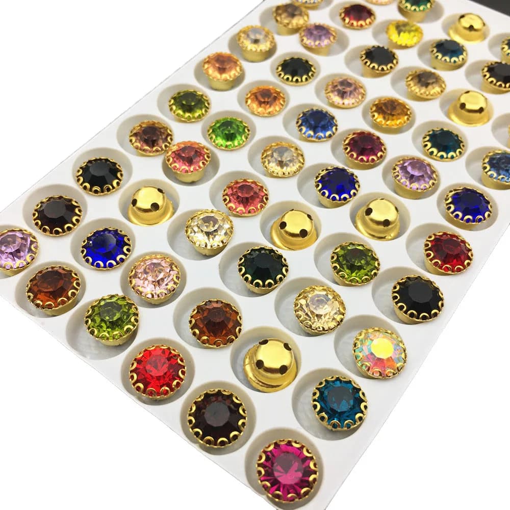 Cristalli fatti a mano Chatons in vetro rotondo da 6 mm, 8 mm in pizzo Artiglio dorato Impostazioni a 4 fori Cucire su strass per la creazione di gioielli