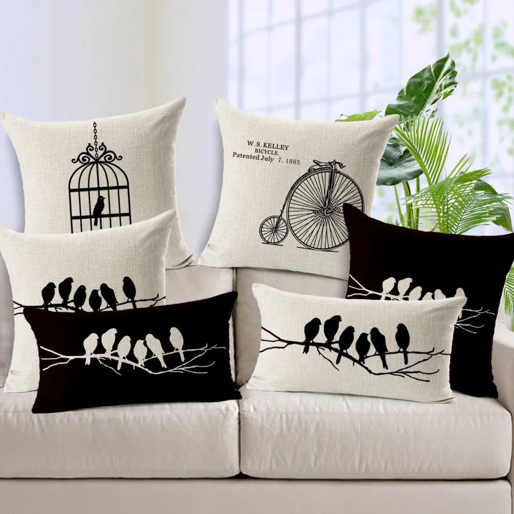 Animali in bianco e nero Uccelli Federa Fodera per cuscino quadrata Fodera per cuscino lombare Decorazione per divano sedia auto 45X45 cm
