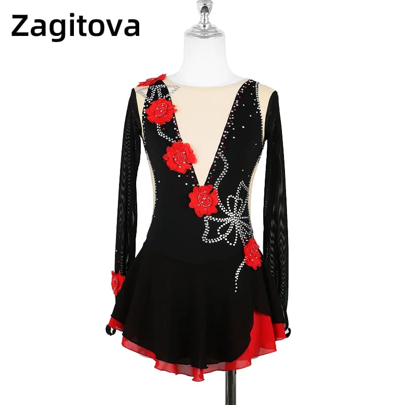 ZAGITOVA Abito da pattinaggio di figura Gonna da pattinaggio di figura su ghiaccio con scollo a V profondo Nero Fiore rosso Donna Ragazza Strass Concorso