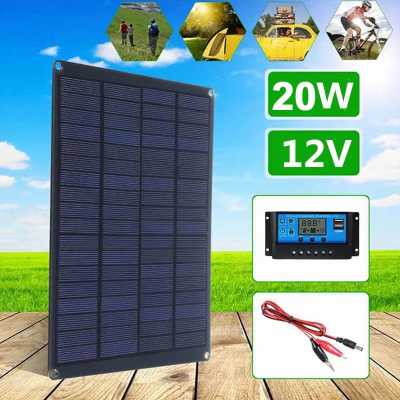 Pannello solare da 20 W con clip per batteria e controller da 20 A Celle solari monocristalline da 18 V Caricatore per auto solare per escursionismo da campeggio all'aperto