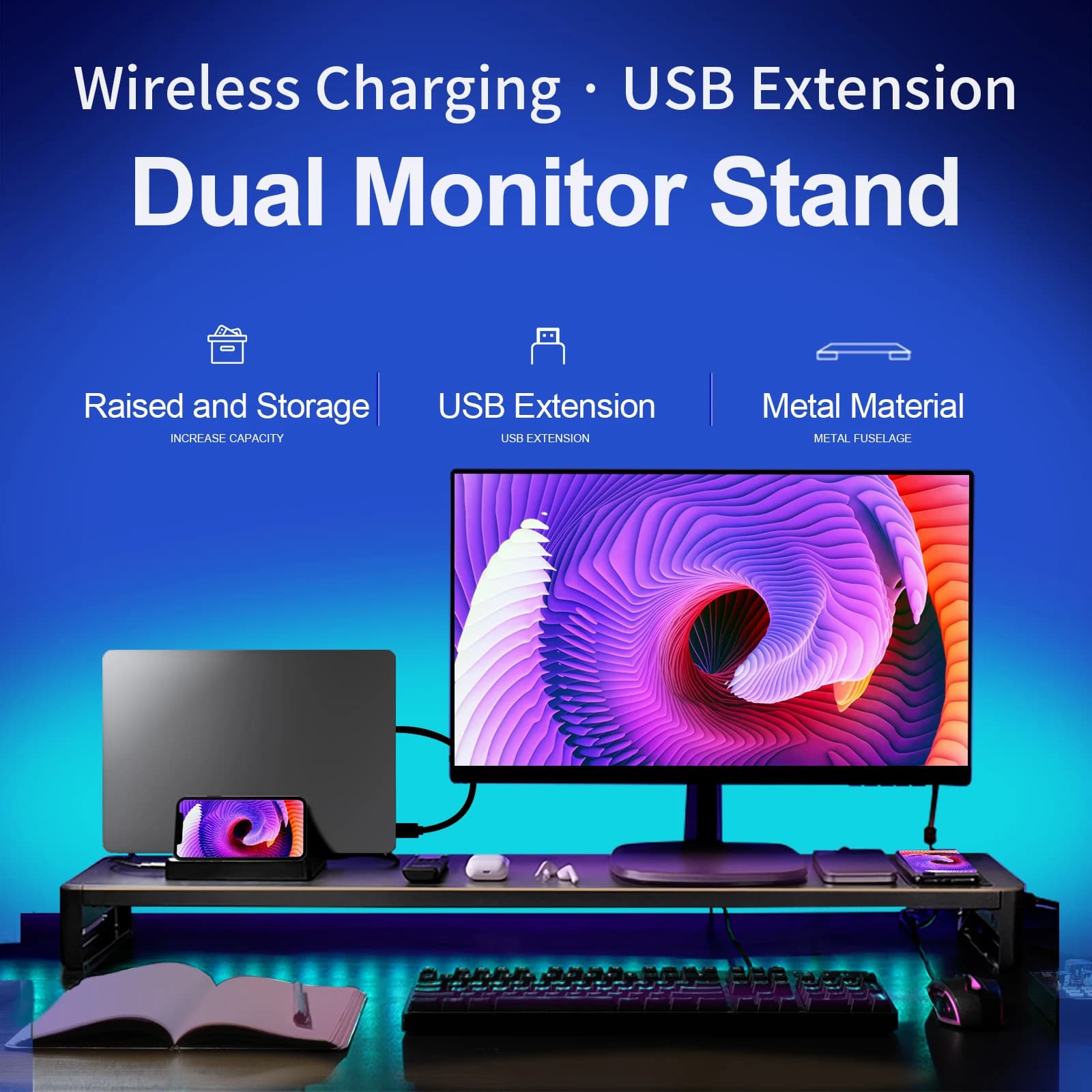 Support for Double Support for Monitor Riser Metal with USB Wireless Charging Hub ports Data Transfer, Keyboard and Mouse Support