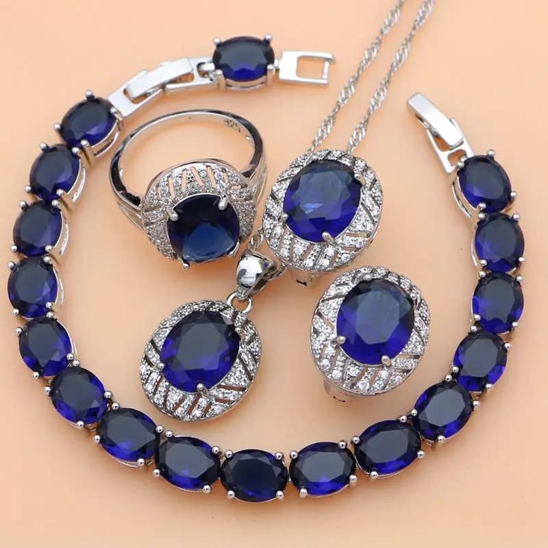 Blue Sapphire 925 Silver Jewelry Sets Gemstone Hoop Earrings Women Wdding Fine Jewellry Necklace Set Dropshipping