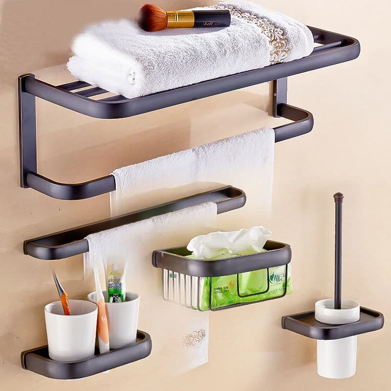 Bronzo lucidato a olio Accessori da bagno quadrati neri Mensola portasciugamani Porta carta igienica Set di accessori da bagno a parete