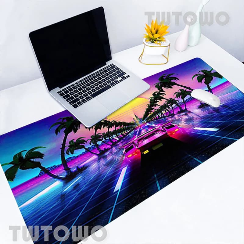 Neon Retrowave Synthwave Sports Car Keyboard Pad tappetini per Mouse Desktop Mouse Pad MousePad gomma naturale morbido HD personalizzato PC Desk Pad