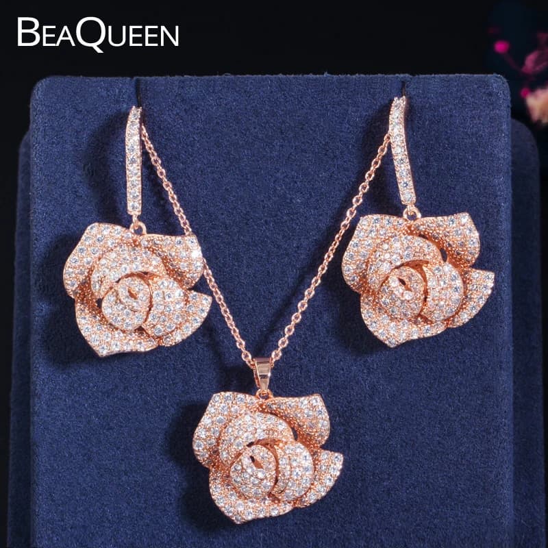 BeaQueen Romantic Rose Gold Color Big Flower Drop Earring Pendant Necklace Set Cubic Zirconia Crystal Wedding Jewelry JS113