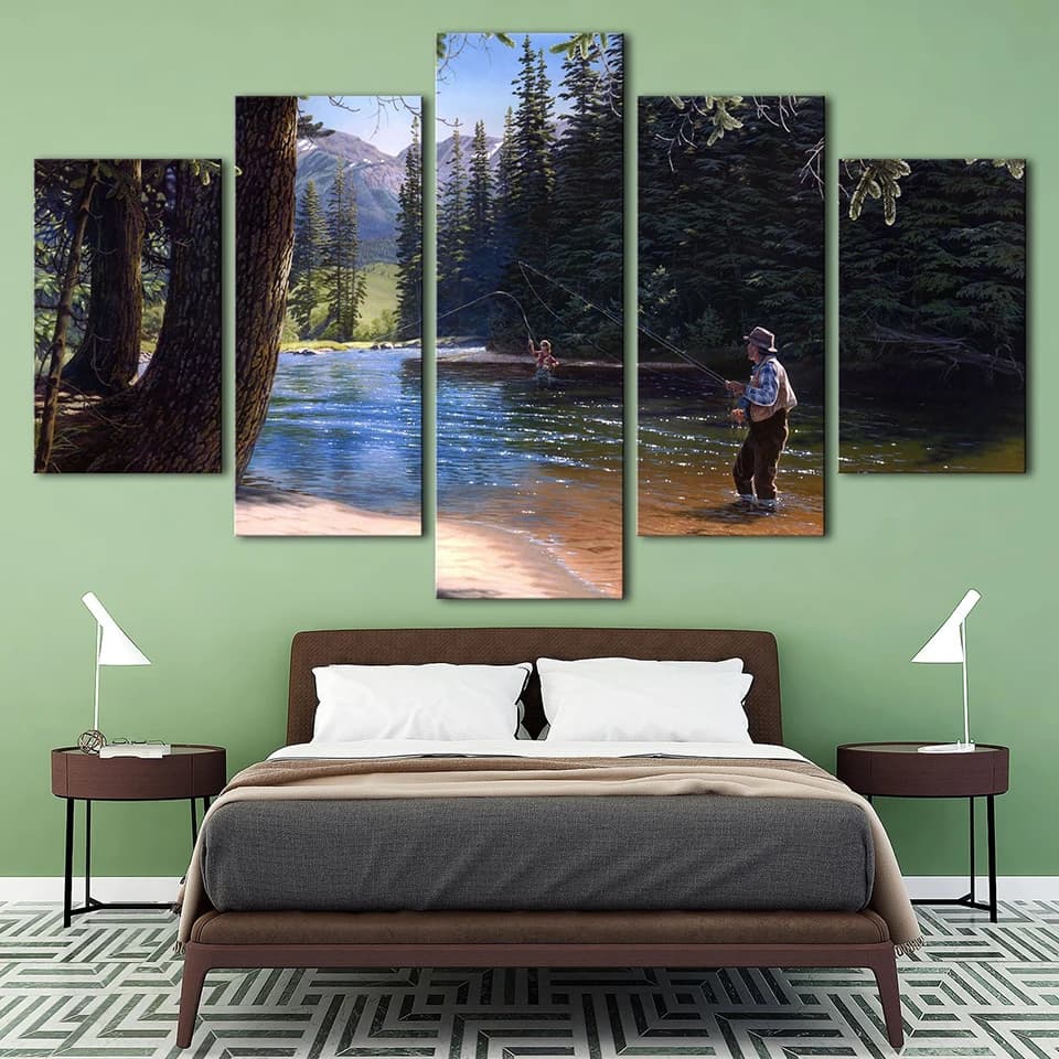 Wall Art Images Decor Home Living Frame 5 pieces Forest River and Fishing Paintings of landscapes HD prints on modular canvas