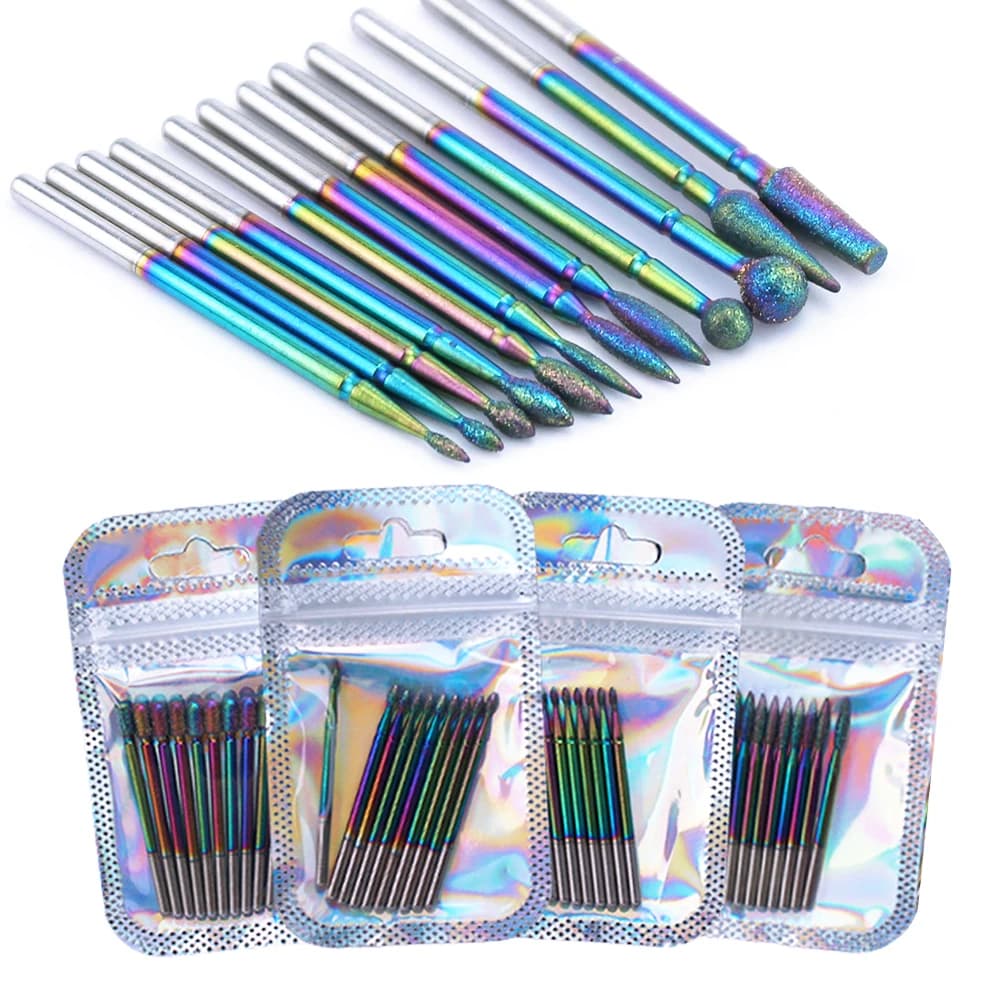 10pcs arcobaleno diamante fresa fresa punte da trapano Set rivestimento in metallo duro cuticola pulita per Manicure elettrico Pedicure