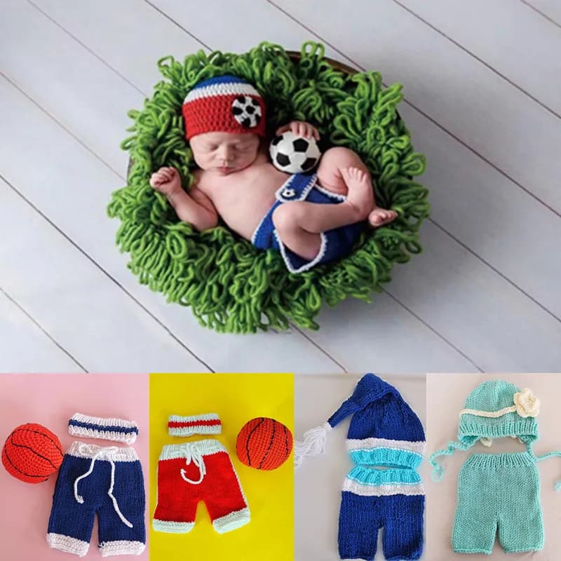 3/2 pz/set neonato fotografia puntelli costumi bambino uncinetto cappello lavorato a maglia pantaloni calcio set bambino servizio fotografico abbigliamento 0-3 mesi