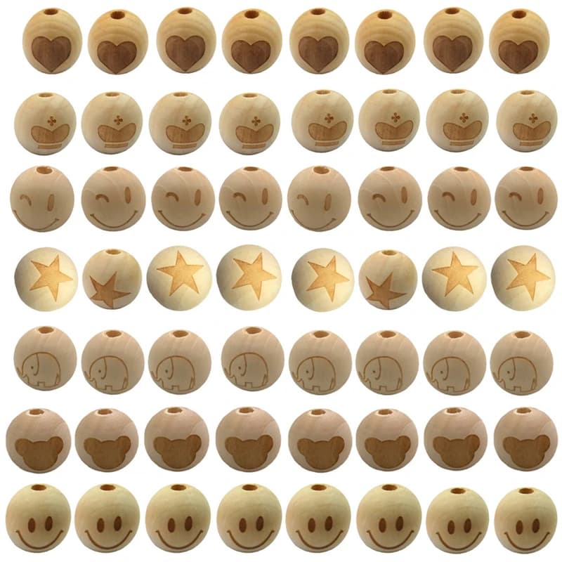 15 pz Perline di Elefante di Legno Massaggiagengive 20mm FAI DA TE Eco-Friendly Legno Rotonda Stampa Stelle Palle Collana di Dentizione Del Bambino Accessori