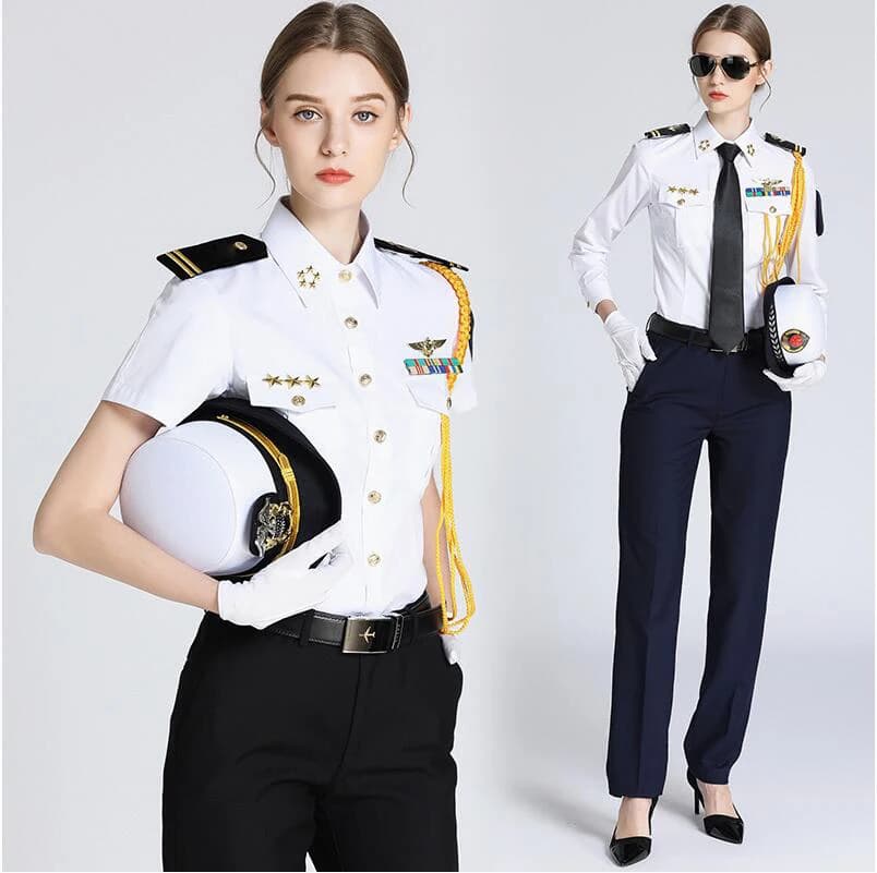 Camicia da Capitano Donna, Uniforme da Pilota, Camicetta da Marinaio, Giacca a Maniche Corte/Lunghe, Camicia da Uniforme di Sicurezza per Marinaio + Accessori