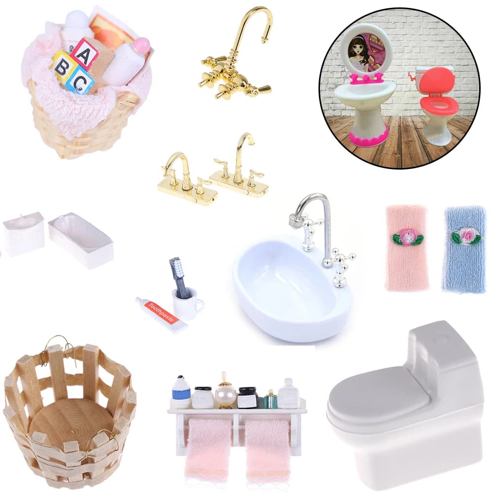 Portasciugamani Doccia Rubinetto Del Tessuto Spazzolino Da Denti Dentifricio Tazza Cestini Asciugacapelli 1/12 FAI DA TE Dollhouse Mobili Da Bagno Accessori