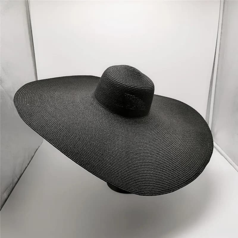 Retro Women's Summer Hat Sun Protection Cap Female Black Flat Top Big Wide Brim Hat Straw Hat Beach Hat Sun Hats With Chin Strap