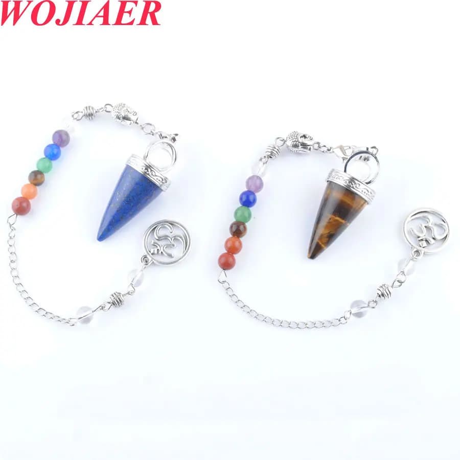 WOJIAER Pietra preziosa naturale Lapis Agate Cono Pendulums 7 Chakra Catena Reiki Guarigione Cristallo 3D Buddha Ciondolo BO903