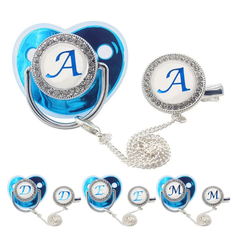 Nome Lettere iniziali Ciuccio per bambini con clip Coperchi Strass Blu Ciuccio di lusso Neonati maschi Capezzolo in silicone Baby Shower