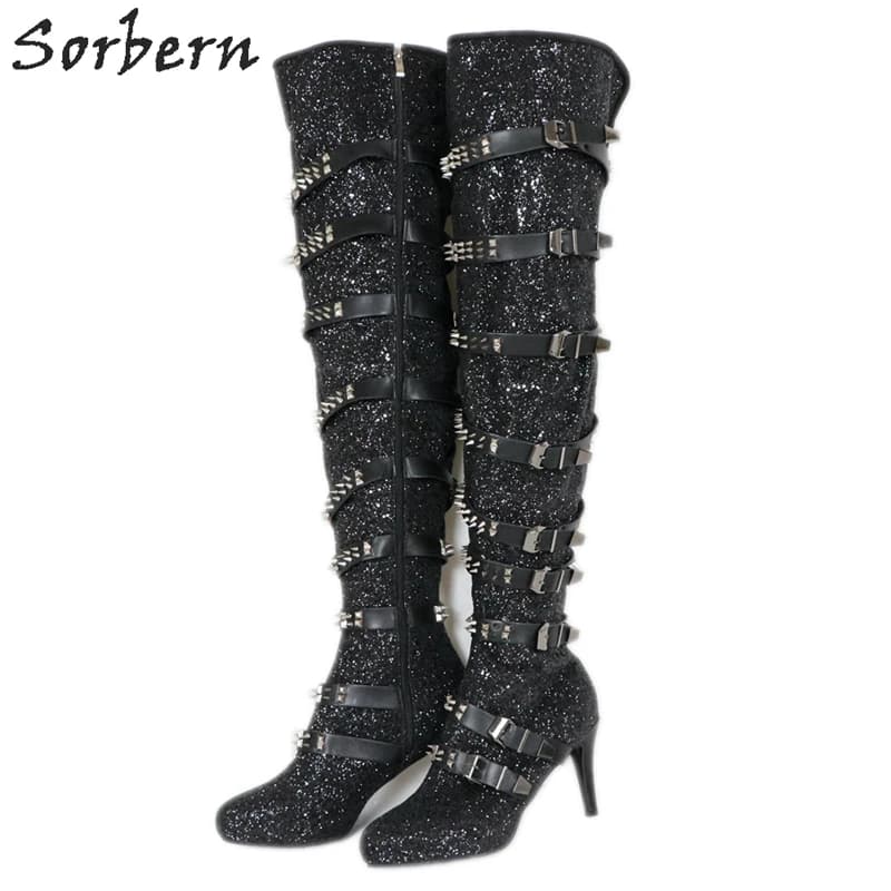 Sorbern Black Sequins Kinky Boots Women Unisex With Rivets Buckle Straps High Heel Platform Shoe Winter Styles Custom Wide Fits