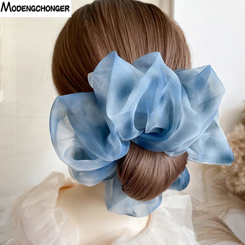 1 pz primavera estate filato netto fiocco per capelli Scrunchies grande Organza donna fascia per capelli elastica porta coda di cavallo cravatta per capelli accessori per ragazze