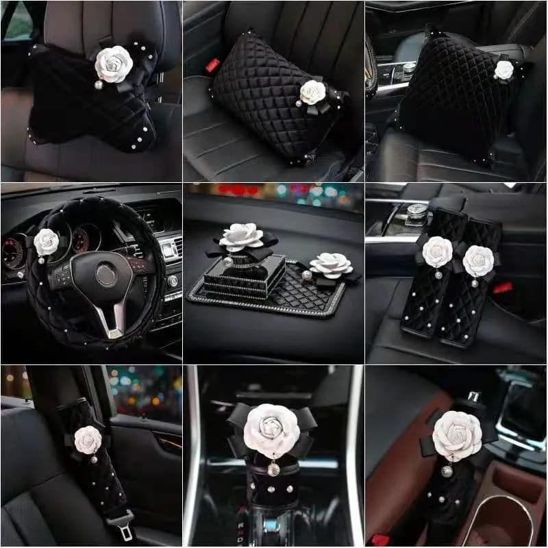 Bianco camelia peluche Materila auto cuscino lombare cuscino cuscino parasole scatola del tessuto coprivolante set di accessori interni auto