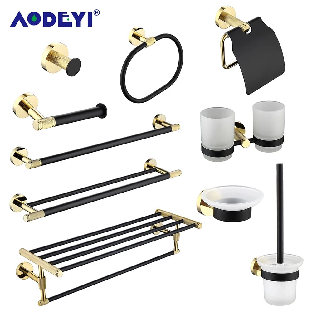 Set di accessori per il bagno gancio per accappatoio nero portasciugamani in oro barre per Rack anello scaffale tessuto porta carta in ottone porta spazzolino