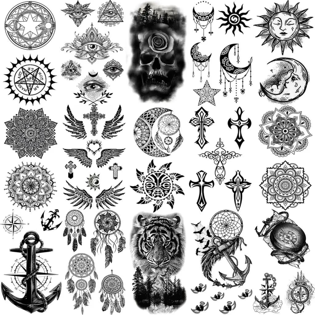 Black Henna Cross Anchor Temporary Tattoos For Women Adult Girls Tiger Dream Catcher Skull Fake Tattoo Fashion Hand Small Tatoos