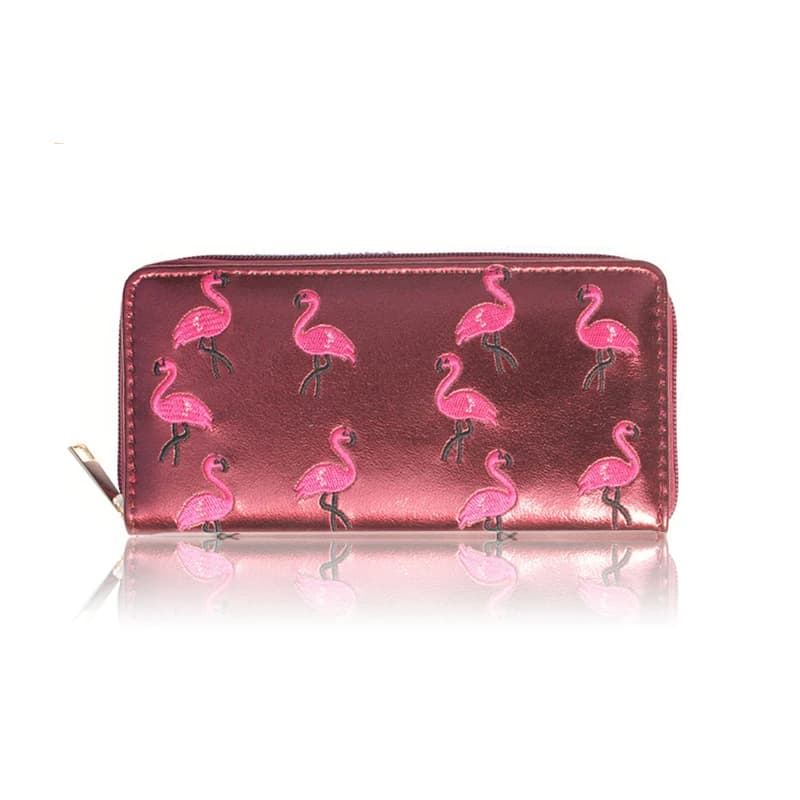 Portafoglio con ricamo a forma di fenicottero per donna, pochette lunga in pelle PU alla moda per donna, portafoglio con cerniera per carte e contanti