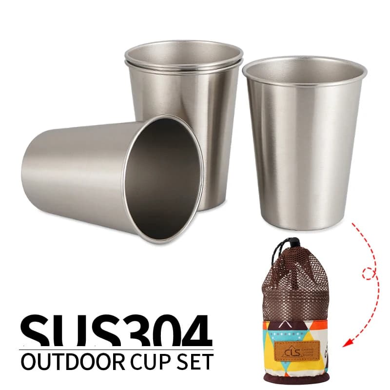 4 pezzi/set tazze in acciaio inossidabile 304 campeggio tazza di birra portatile set di bicchieri da picnic con custodia stoviglie da esterno 301-400 ml
