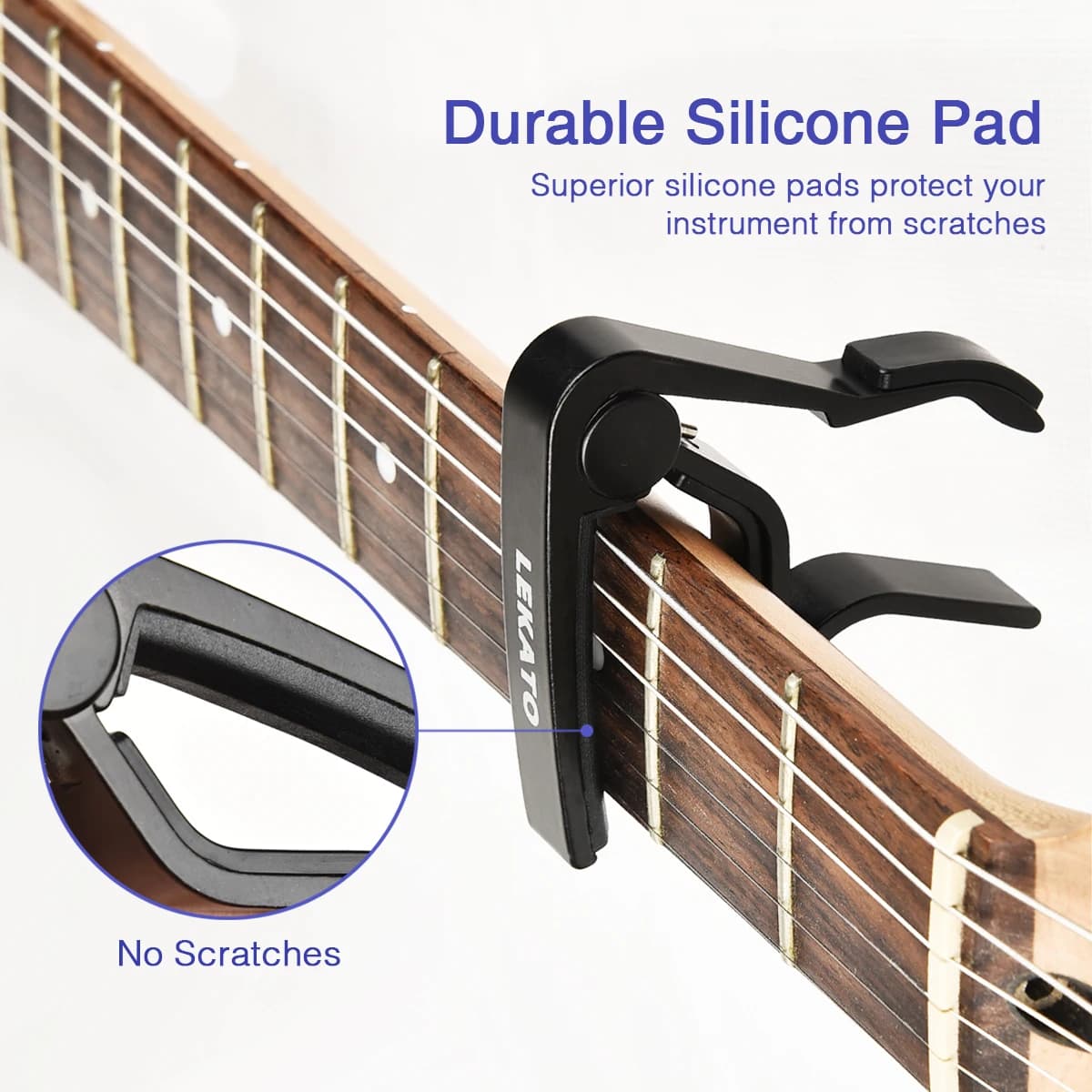 Capotasto per chitarra Lekato Pro con 6 plettri: morsetto a sgancio rapido in alluminio aeronautico e ammortizzazione in silicone per elettrico/acustico