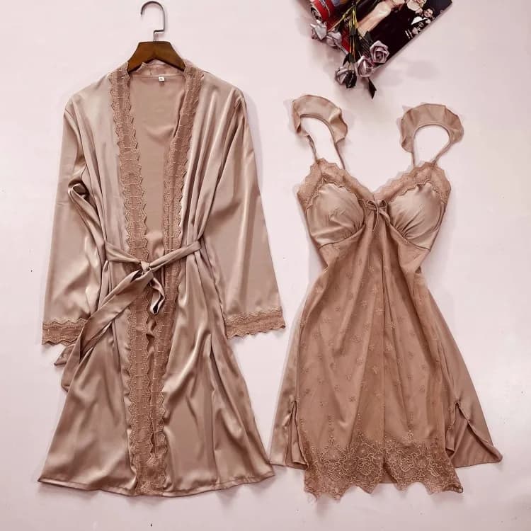 2 pezzi Nighty & Robe Suit Satin Women Robe Set Kimono Gown Casual intimo Lingerie stampa abiti per la casa camicia da notte Sexy indumenti da notte