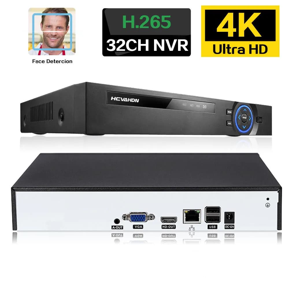 H.265 Sistema di sicurezza CCTV NVR a 32 canali Rilevazione facciale 4K XMEYE RJ45 Videoregistratore di sorveglianza di rete P2P 32CH 16CH 8MP