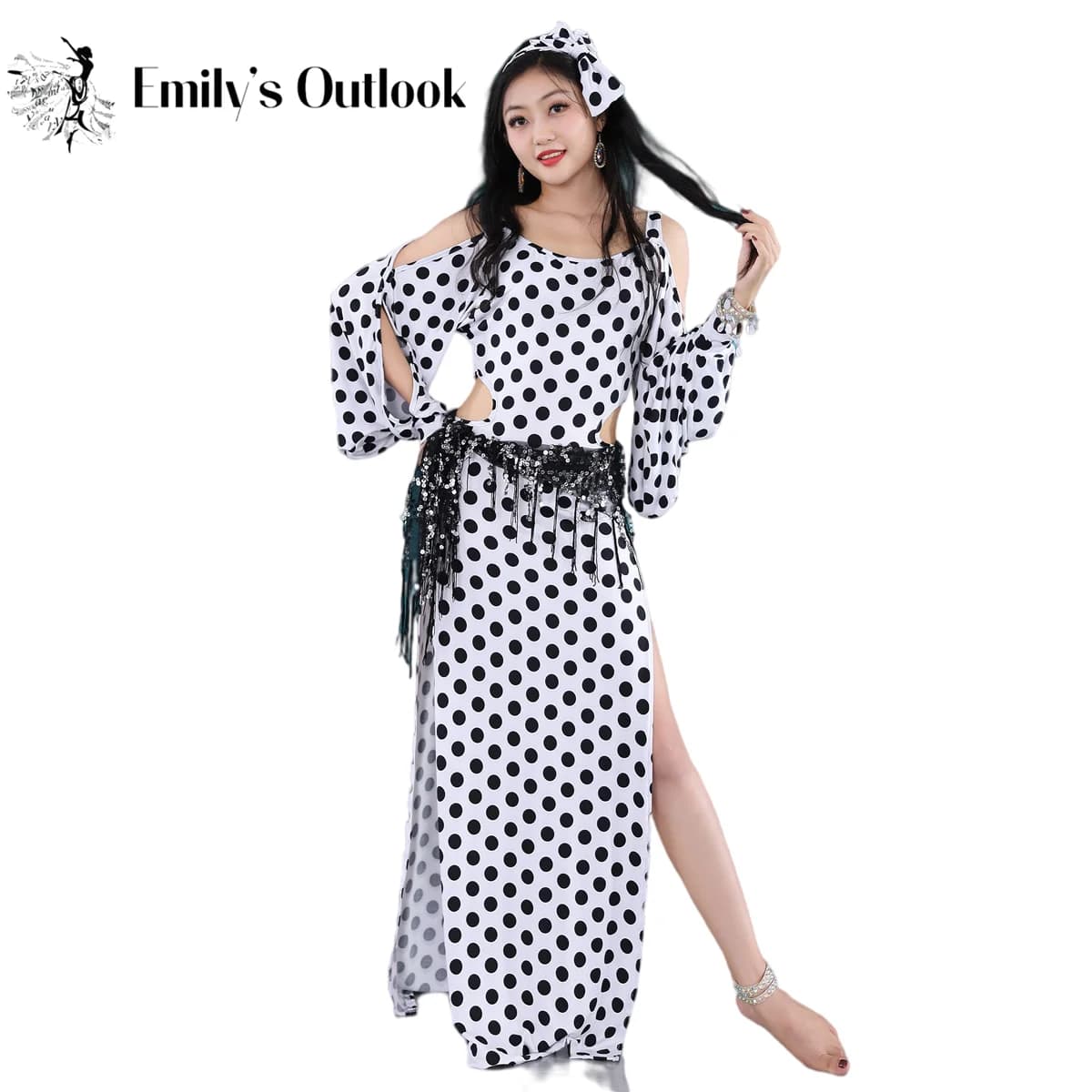 Abito da donna Baladi Costume di danza del ventre egiziano Saidi Robe Fallahi Abaya orientale Gypsy Tribal Dance Outfit fascia per capelli a pois
