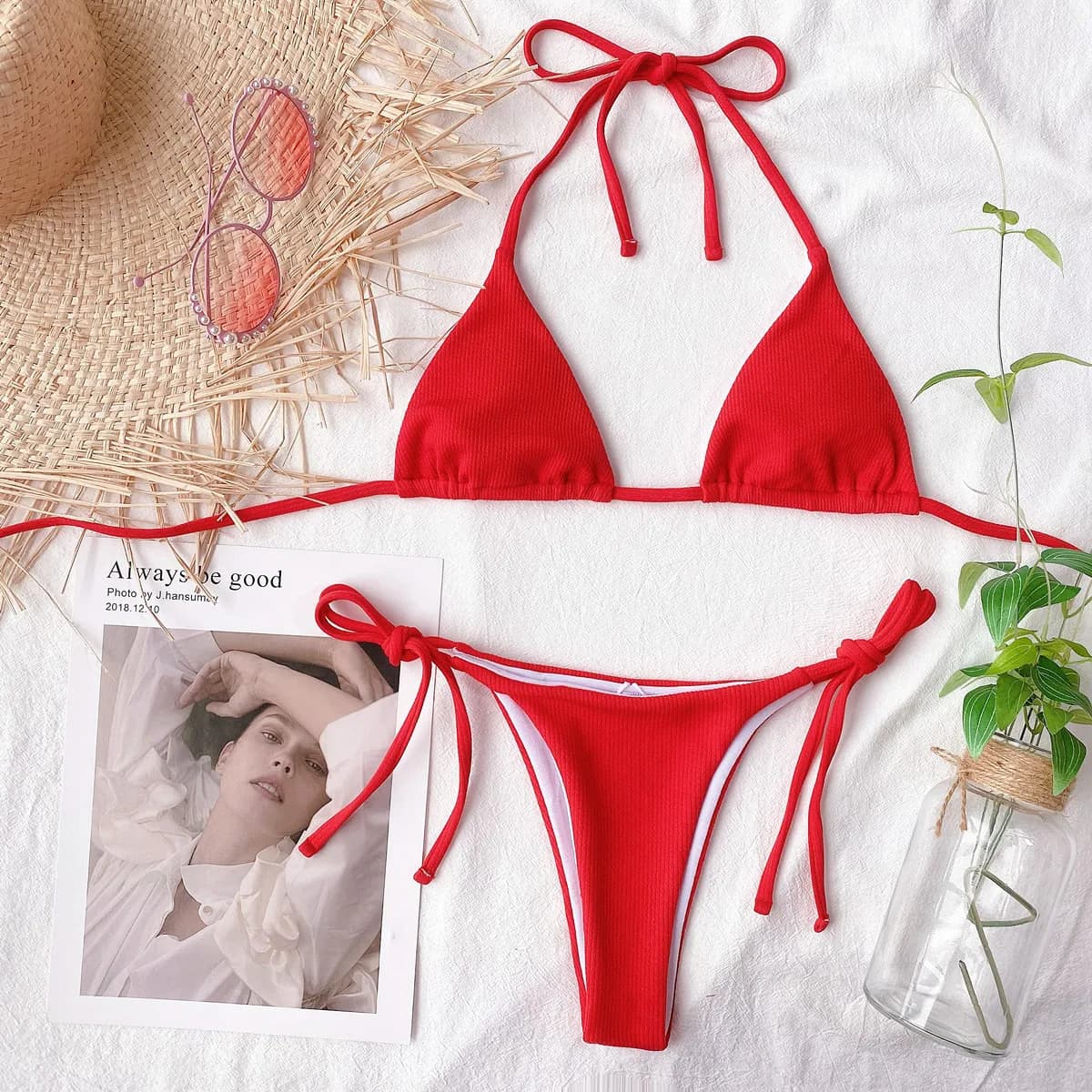 Ribbed triangle bikini set Halter women's swimsuit solid Female swimwear Brazilian sexy bikini 2024 High cut string bathing suit