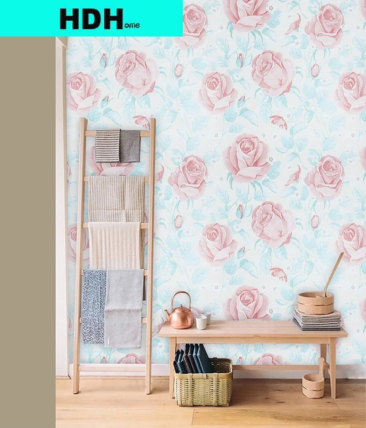 Pink Floral Self-Adhesive Prepasted Wallpaper Rose Floral Contact Paper Blue Leaf Peel and Stick Wallpaper for WallCovering