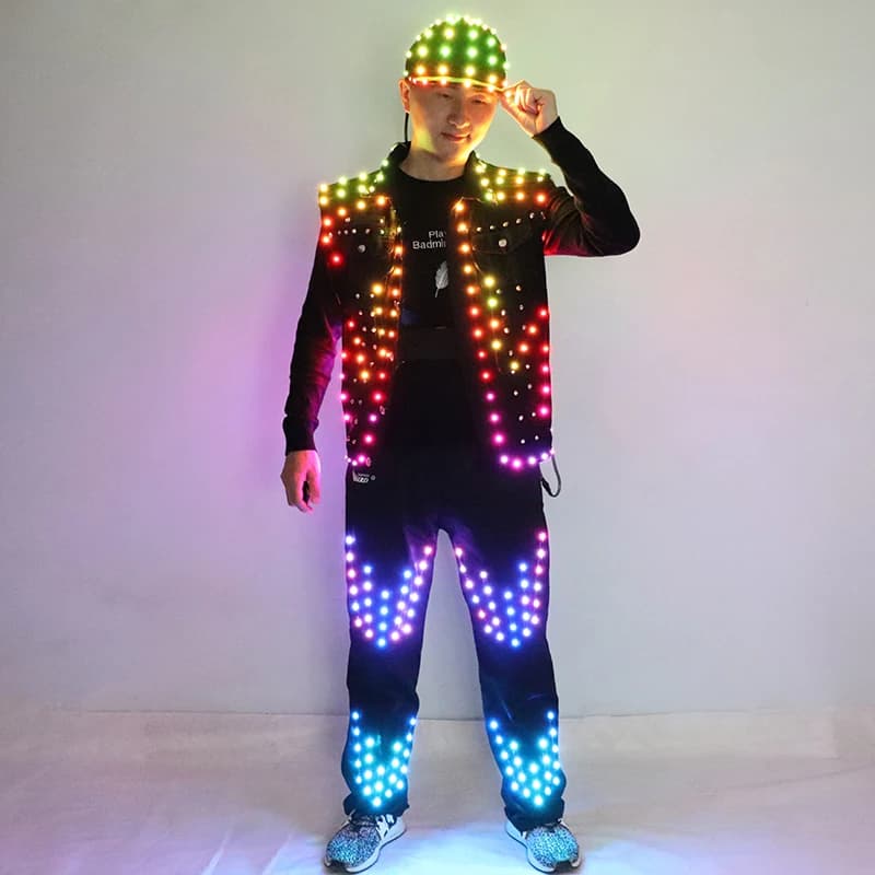 Full Color LED Costume Men's Bar Hosting Luminous Clothing Hat Pants Tron Suit Melbourne Shuffle Dance Light Up Jacket