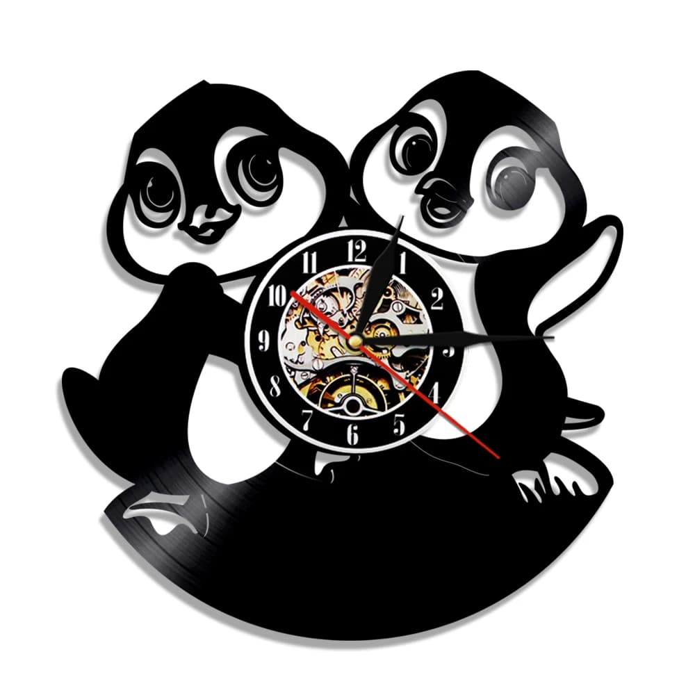 Creative wall clock with vinyl penguins, modern design, cute wall clock with family of penguins for children's room, home decoration, gift idea for penguins lovers