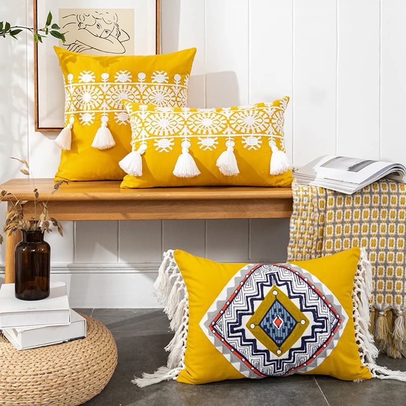 Mustard Yellow Cushion Cover 45x45/30x50cm Boho Style Gold Embroidered Cotton Pillow Cover For Living Room Sofa Chair