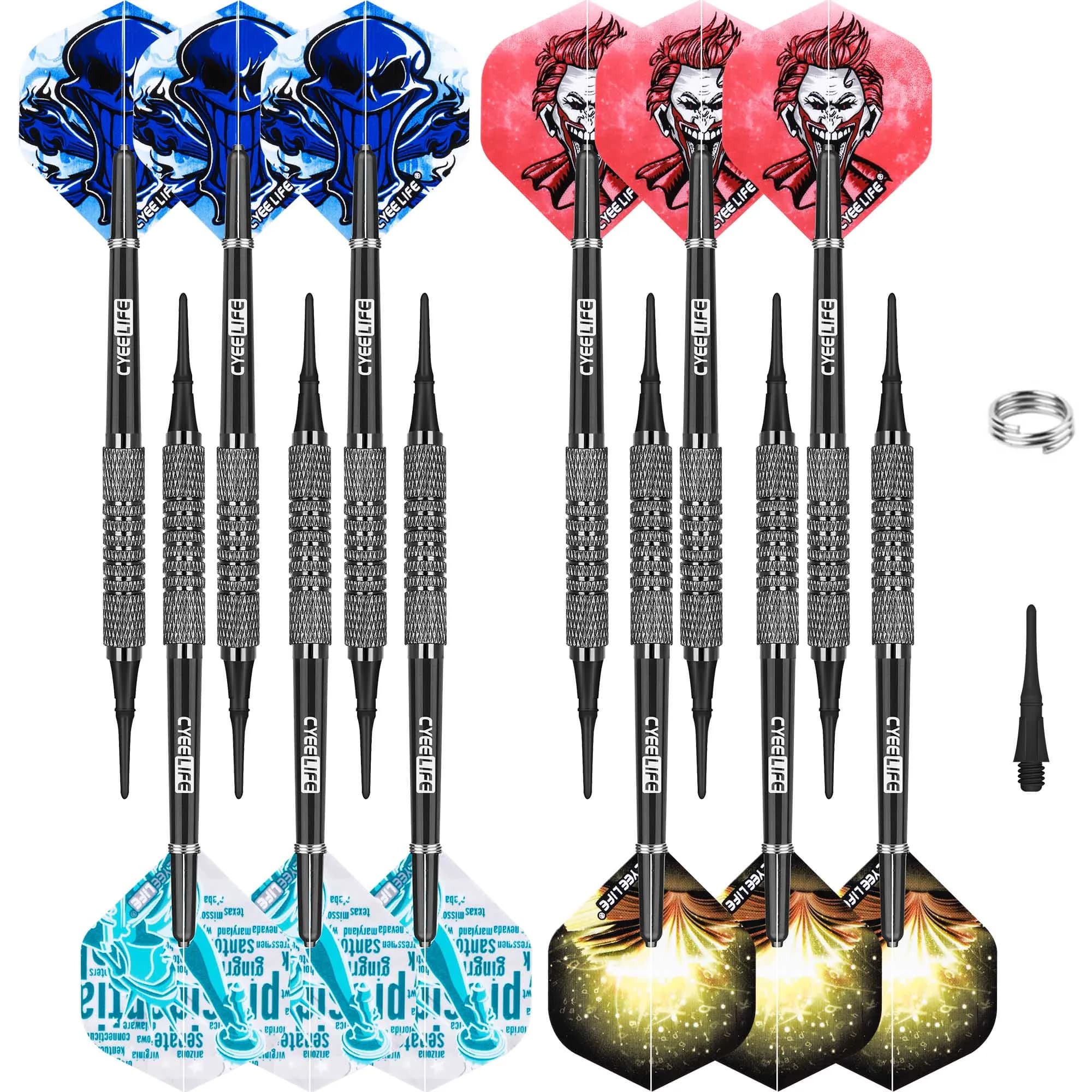 CyeeLife 9g/12/14g Set di freccette con punta morbida 12 confezioni con aste in PVC nero + O-ring a molla in metallo + 30 punti di plastica per scheda elettronica