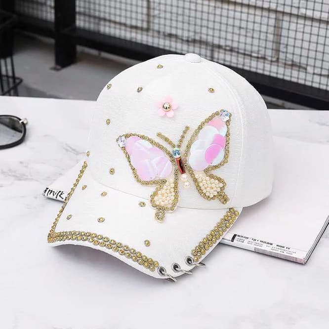 Summer spring sun cap with Baseball cap with sequins in metal woman free time butterfly rivet pearl girl duck tongue white hat