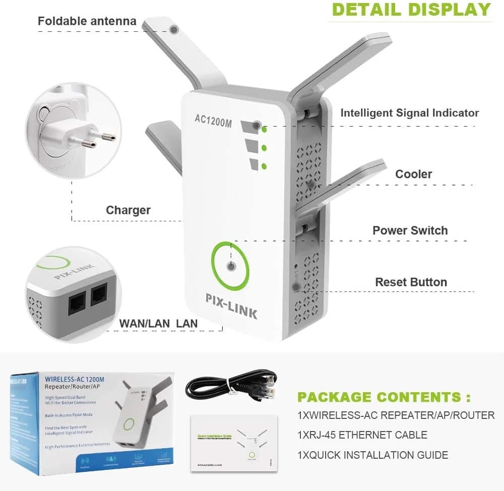 Estensore di portata WiFi Ripetitore wireless Estensore Wi-Fi 1200Mbps Amplificatore di segnale Internet Veloce 4 antenne esterne Copertura completa