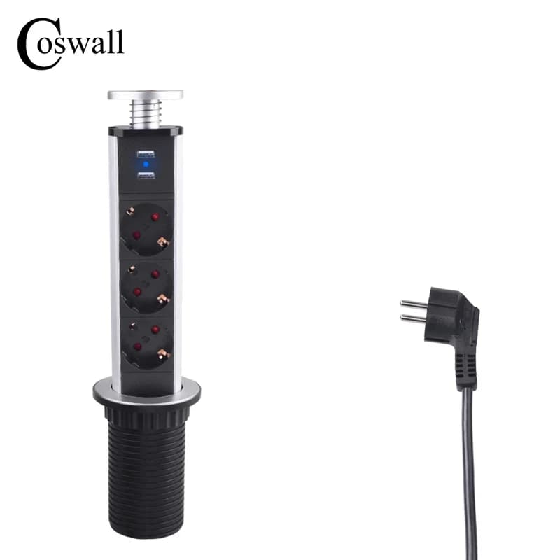 COSWALL PULL POP UP 3 prese 2 porta di ricarica USB tavolo da cucina presa da tavolo spina ue retrattile corpo in alluminio retroilluminazione blu