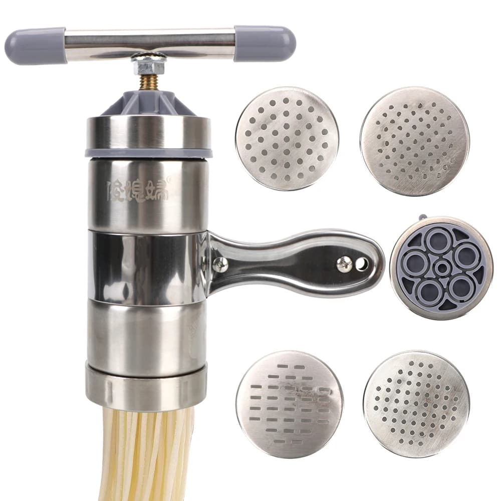 Spremiagrumi per frutta, macchina per pasta, forniture da cucina con 5 stampi per pressatura, per realizzare spaghetti, macchina per noodle manuale in acciaio inossidabile