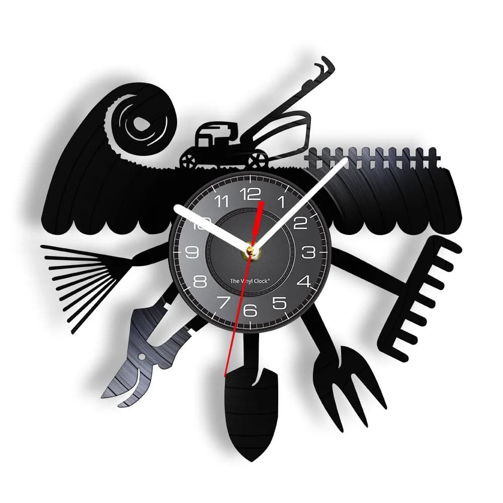 Orologio da Parete in Vinile a Forma di Attrezzi da Giardinaggio, Decorazione per Casa e Giardino, Regalo per Amanti della Natura e Giardinieri