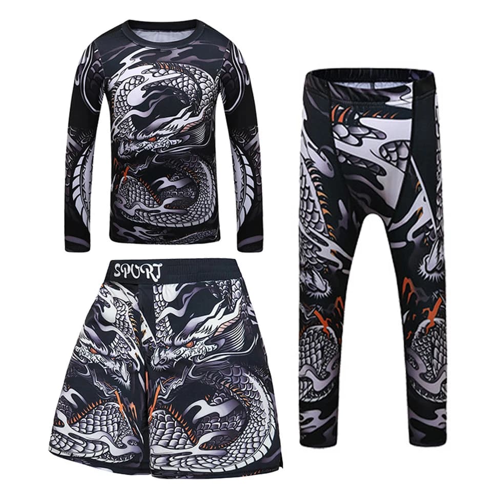 Bambini Bjj Rashguard jiu jitsu MMA T-shirt + Pantaloni KickBoxing Set Ragazzo Palestra Bambini Muay Thai Pantaloncini MMA Abbigliamento Collant a compressione