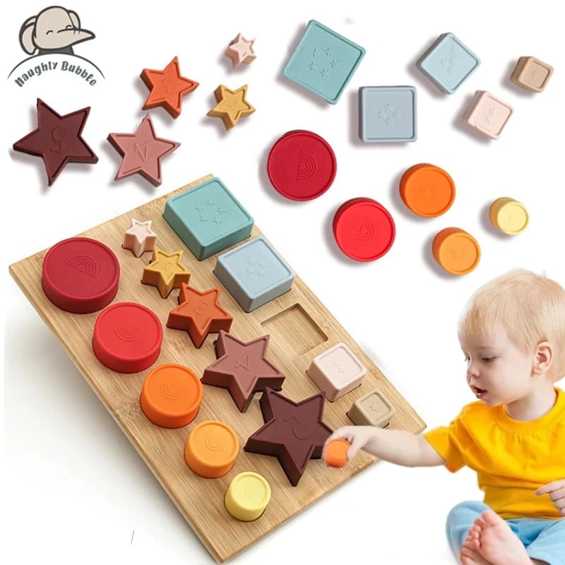 1Set di blocchi in Silicone giocattoli da cartone animato per bambini Montessori forme geometriche blocco morbido giocattoli educativi denti per bambini