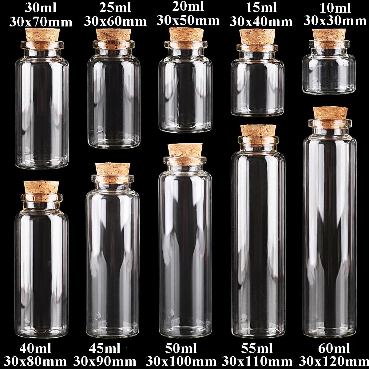 24 pezzi 10 ml 15 ml 20 ml 25 ml 30 ml Simpatiche bottiglie di vetro trasparente con tappo in sughero Bottiglie vuote di spezie Barattoli Fiale artigianali fai da te