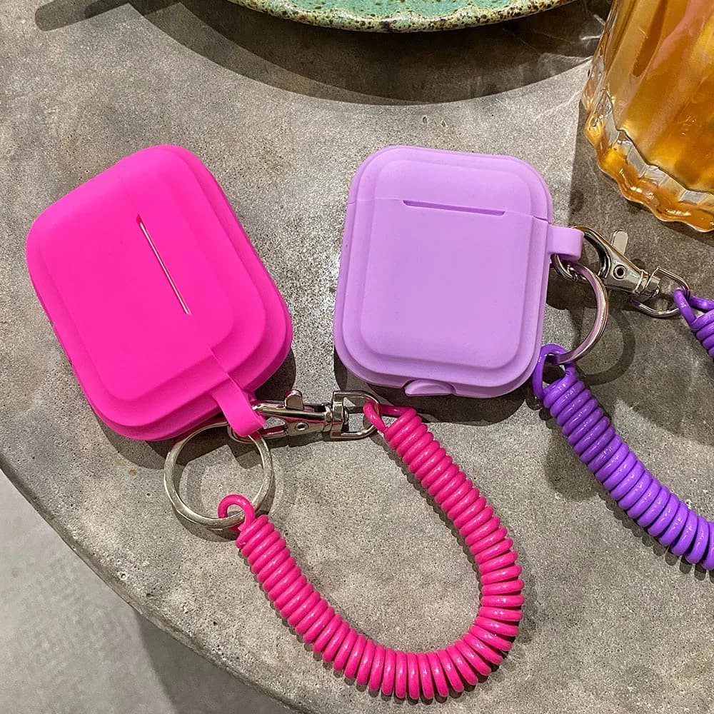 Airpods 1/2/3/4 Protective Silicone Case Solid Color for Earphones for Apple Air Pods Pro 2 Spring Flexible Chain Keyring