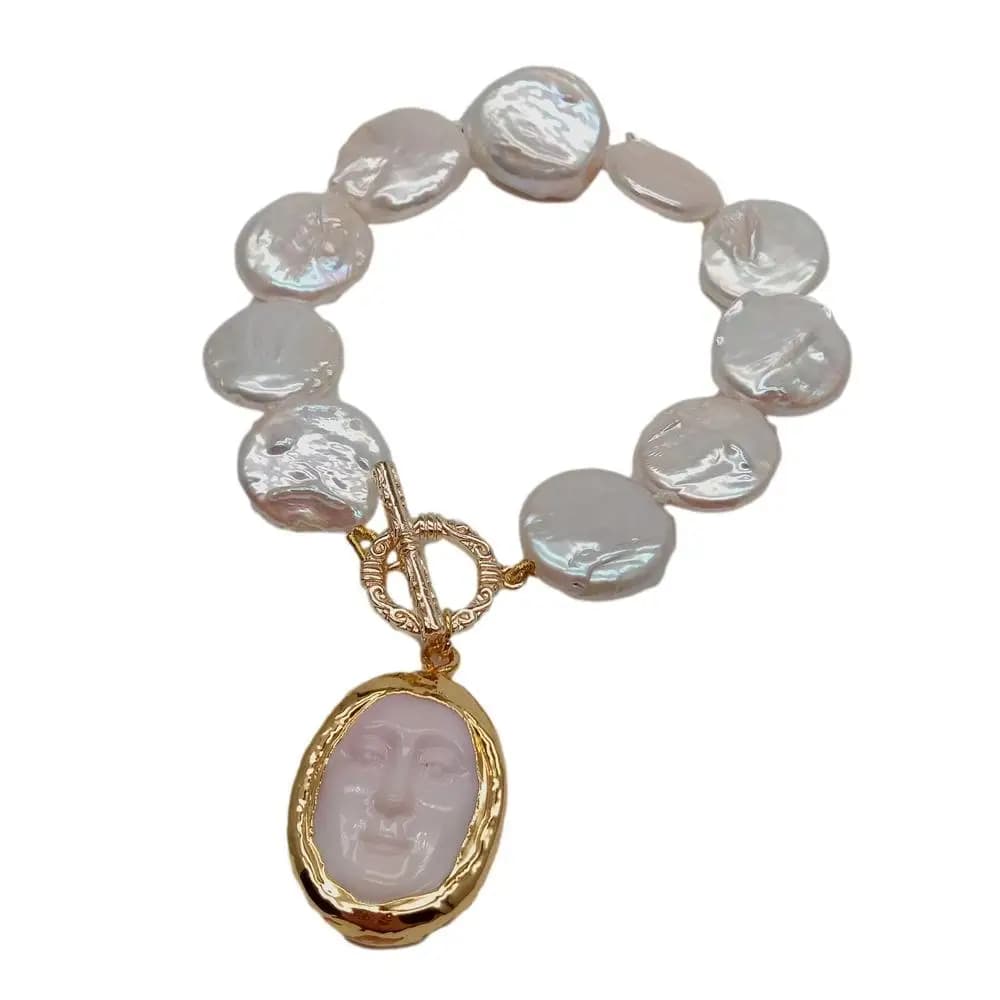 Y -ying braccialetto di perle con moneta bianca coltivata d'acqua dolce rosa conchiglia di mare fascino maschera facciale 8"