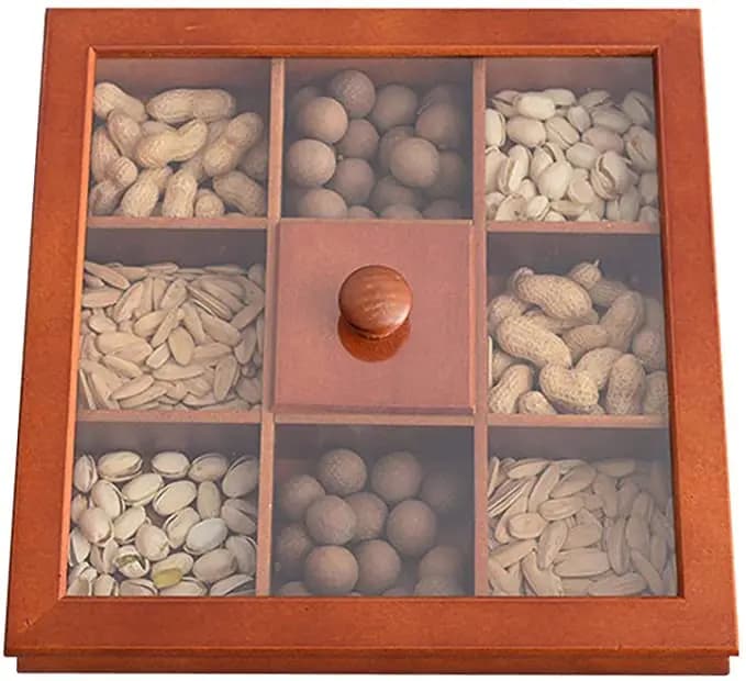 Scatola per frutta secca in legno, vassoio componibile per contenitore multifunzionale per snack con finestra trasparente, vassoio componibile per frutta secca e noci