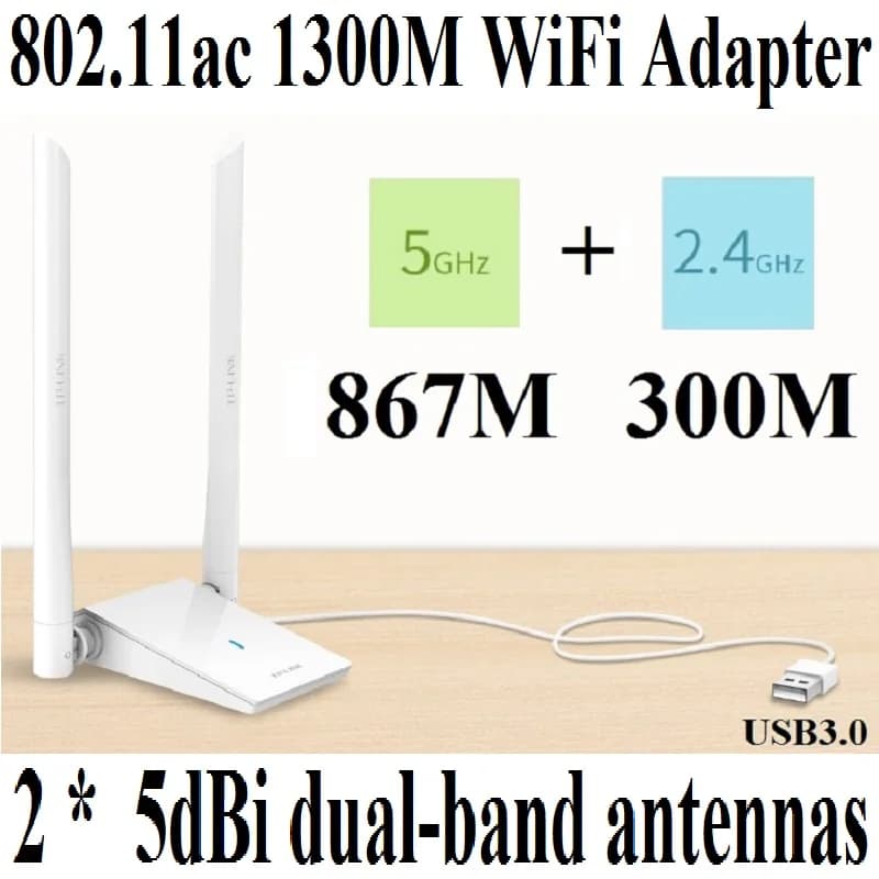 Antenne Ext/ 5dBi, Plug&Play, Scheda di rete wireless AC1300 Adattatore WiFi USB 3.0 dual band 11AC 1267Mbps, 2.4G 300Mbps 5G 867Mbps